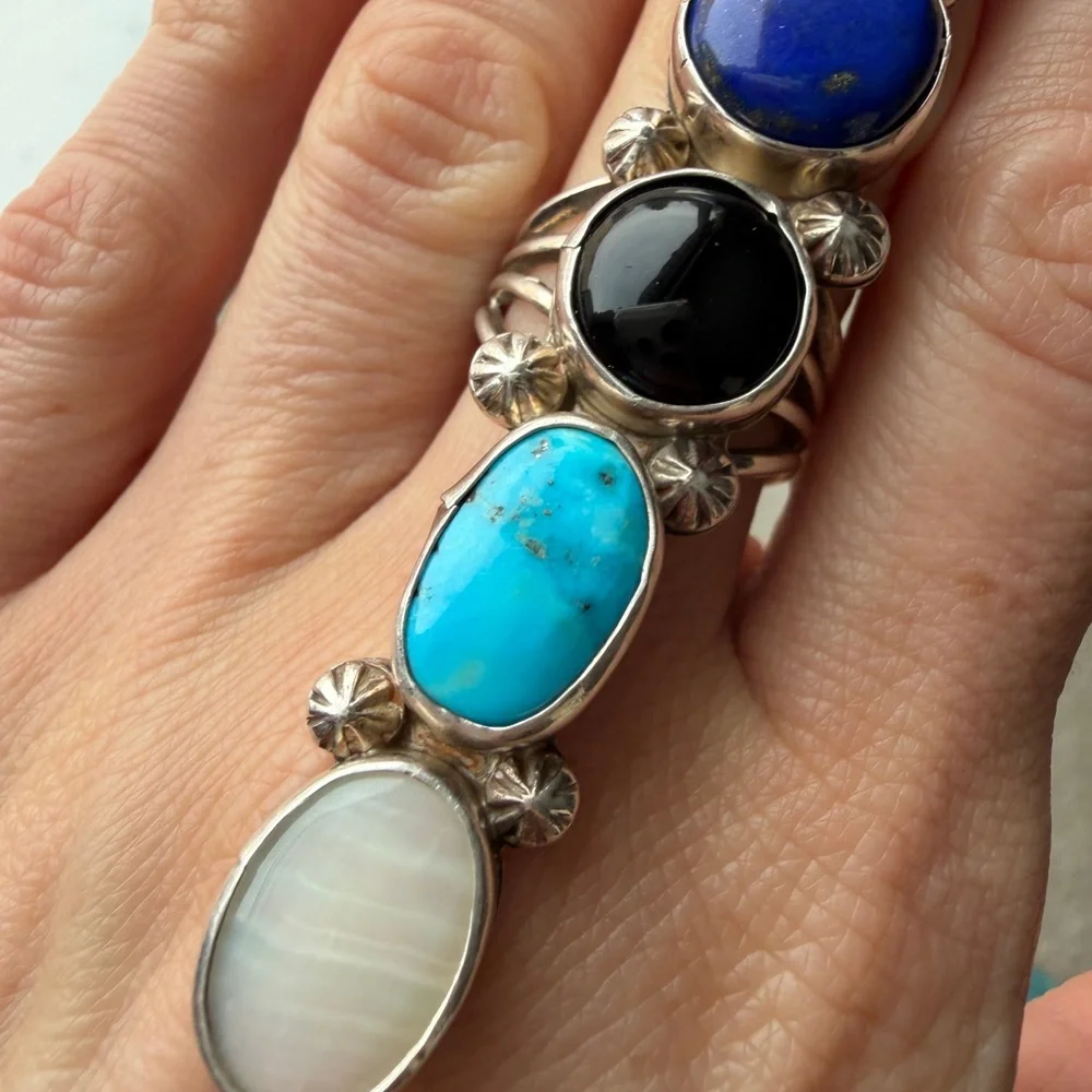 Sterling Silver Turquoise, Onyx, Lapis, Mother of Pearl Statement Ring